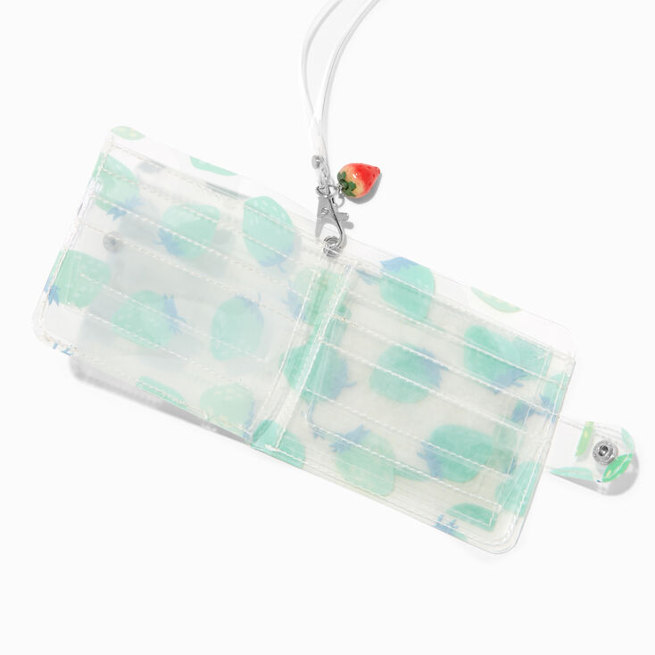Green Strawberry Print Clear Wallet With Lanyard,