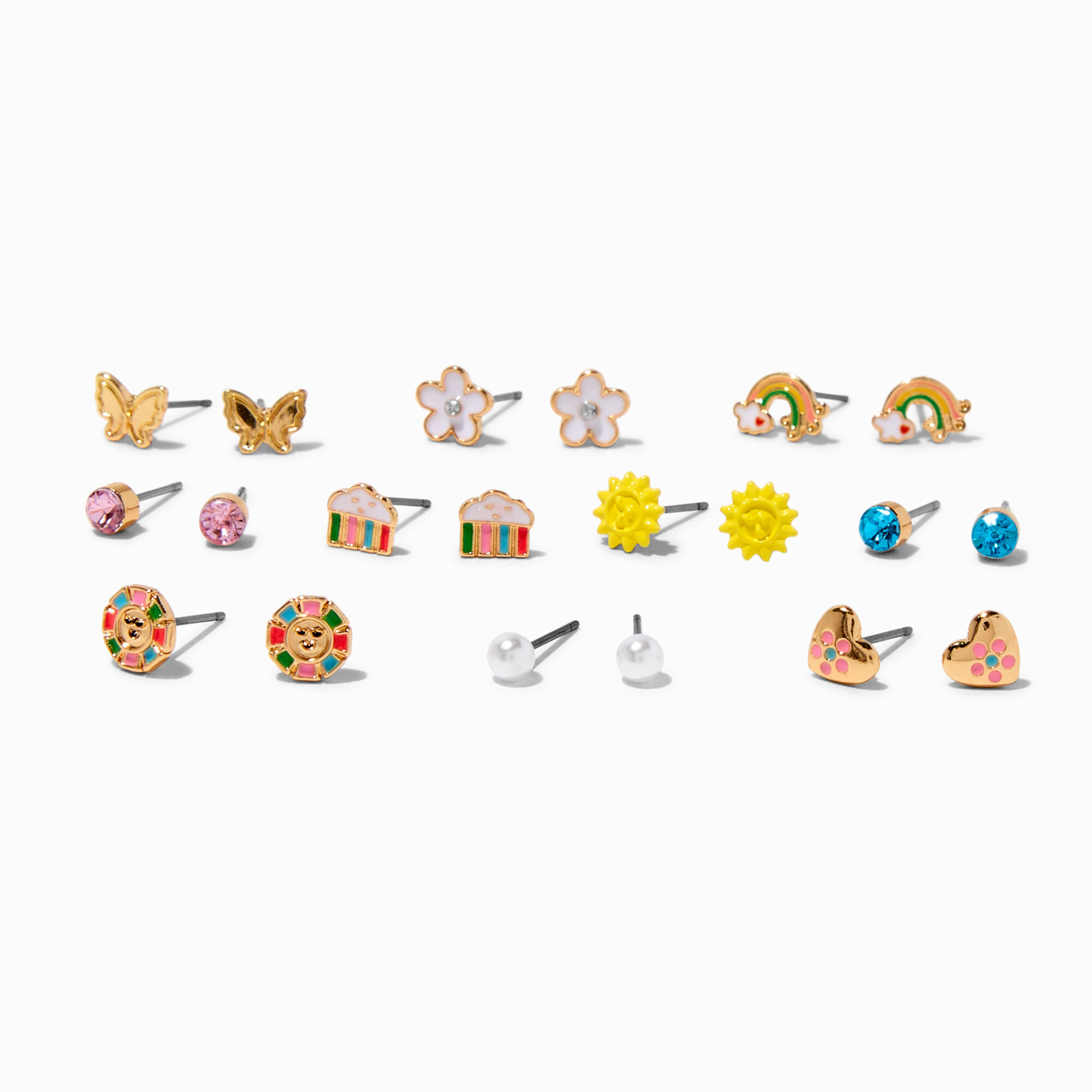 View Claires Sunshine Rainbows Stud Earrings 9 Pack Gold information