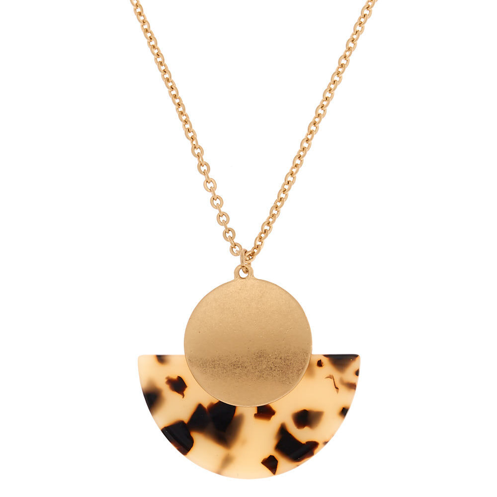 Gold Resin Tortoiseshell Half Moon Pendant Necklace - Brown,