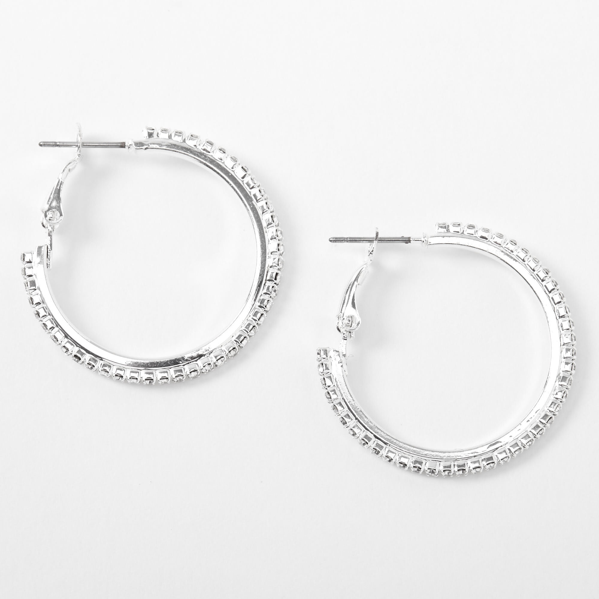 Silver 30MM Rhinestone Hoop Earrings