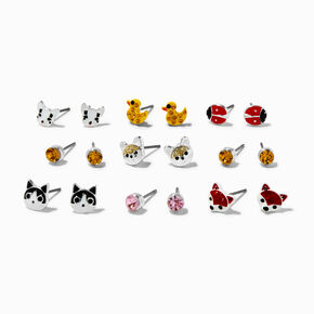 Clous d&#39;oreilles petits animaux strass couleur argent&eacute;e - Lot de 9,