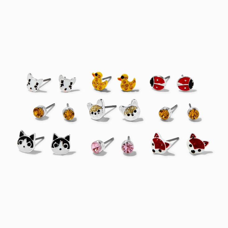 Silver-tone Crystal Critter Stud Earrings - 9 Pack,