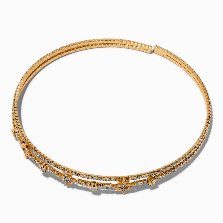 Gold-tone Crystal Star Collar Rigid Choker Necklace ,
