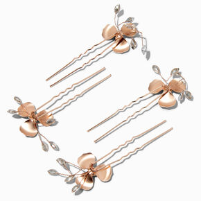 Rose Gold-tone Matte Flower Rhinestone Hair Pins - 4 Pack,