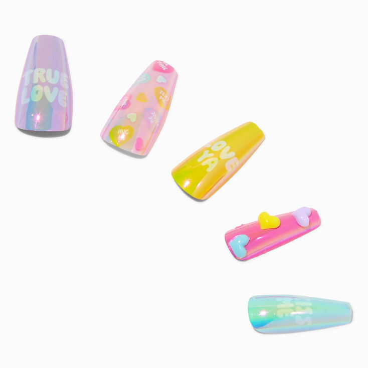Valentine&#39;s Day Candy Hearts Squareletto Press On Faux Nail Set - 24 Pack,