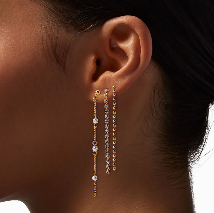 Boucles d&#39;oreilles superposables perle d&#39;imitation cha&icirc;ne de strass couleur dor&eacute;e - Lot de 3,