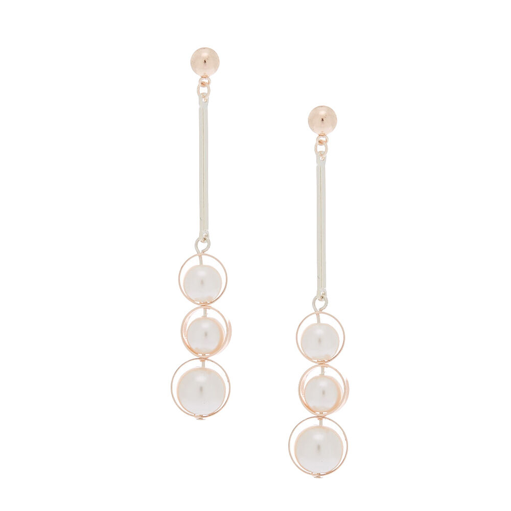 Rose Gold 2.5" Triple Pearl Drop Earrings,