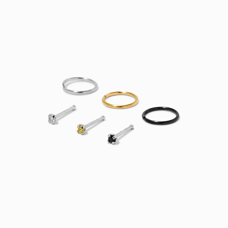 20G Mixed Metal Stainless Steel Crystal Nose Studs &amp; Hoops - 6 Pack,