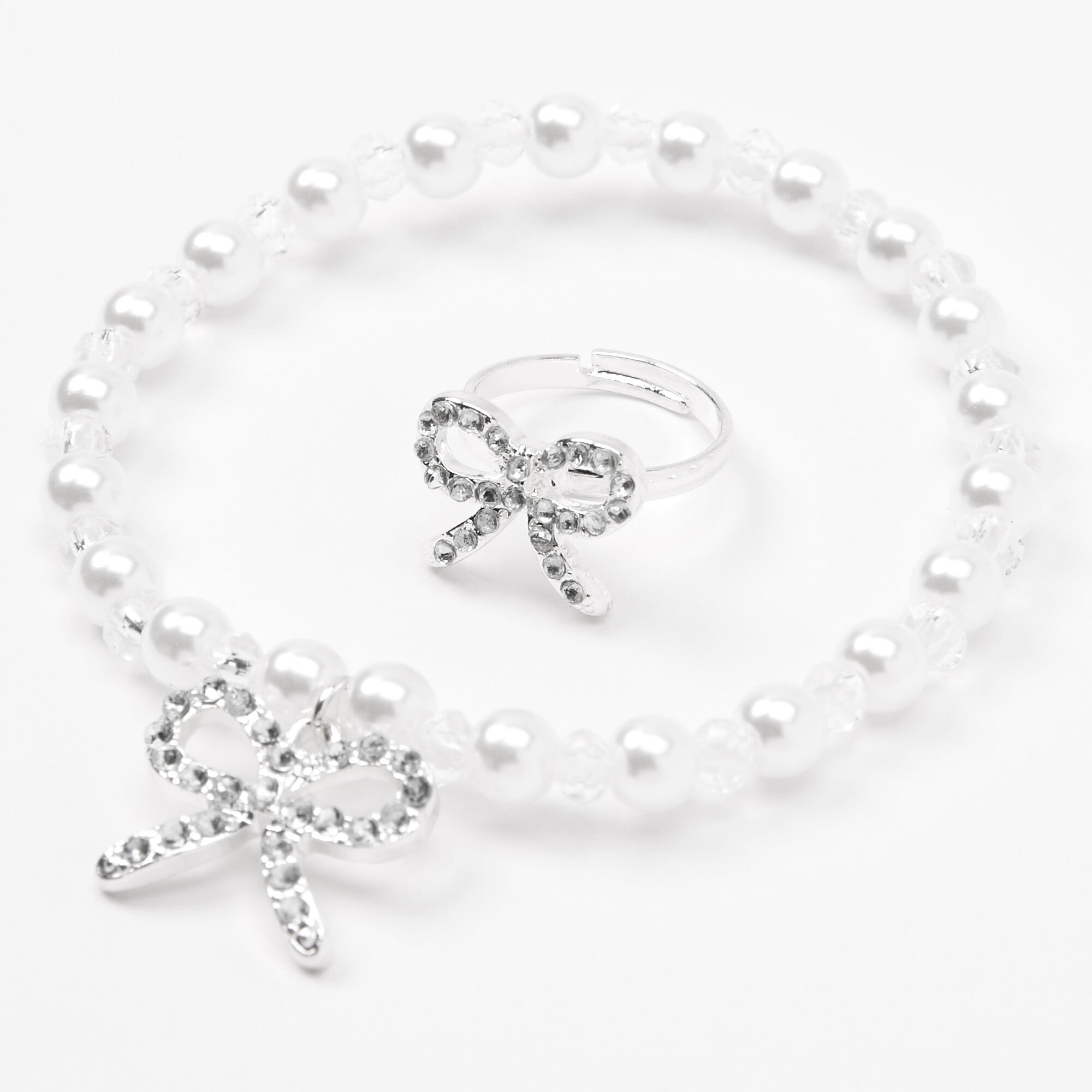 Claire's Club Silver Pearl Bow Embellished Jewelry Set - 3 Pack,