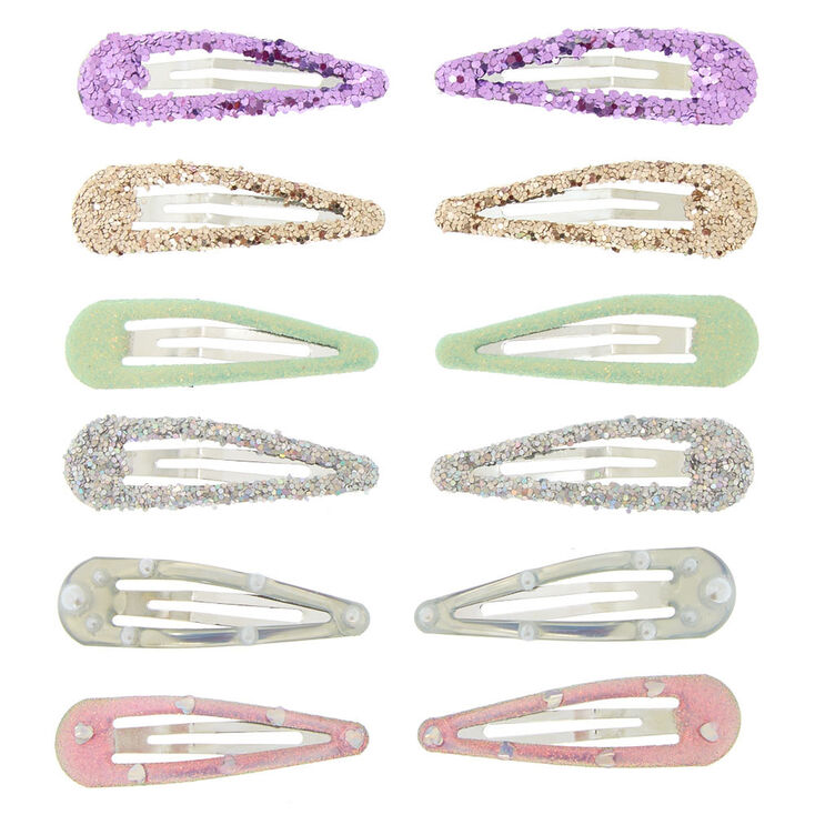 Pastel Pearl Glitter Hair Snap Clips - 12 Pack,