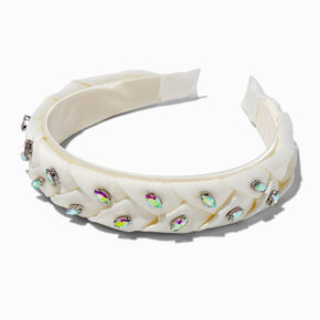 Serre-t&ecirc;te tress&eacute; blanc avec strass iridescents,