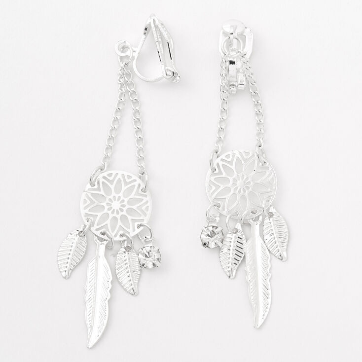 Silver-tone Dreamcatcher 2&quot; Drop Clip-On Earrings,