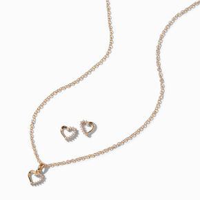 Gold-tone Cubic Zirconia Heart Pendant Necklace &amp; Stud Earrings Set ,