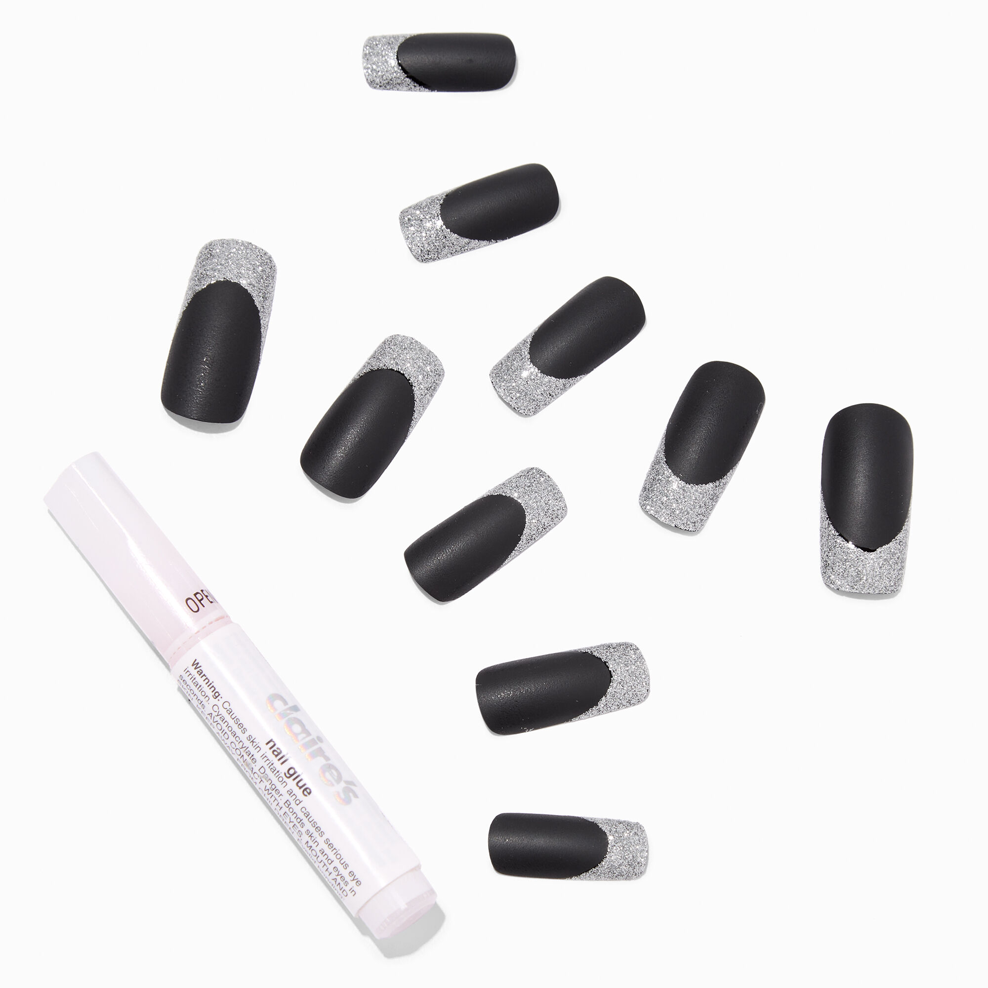 View Claires Silver Glitter Tip Long Square Vegan Faux Nail Set 24 Pack Black information