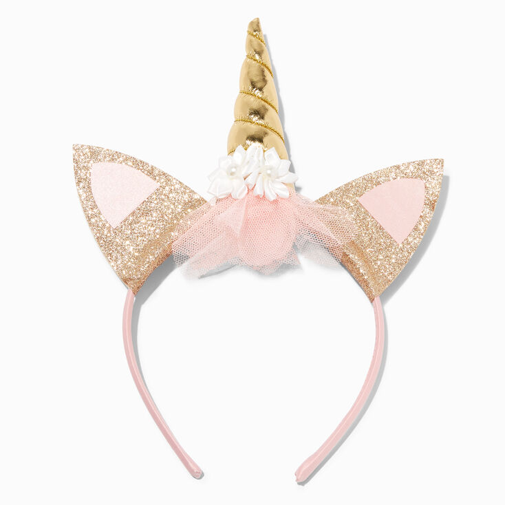 Claire&#39;s Club Gold Glitter Pink Unicorn Ears Headband,