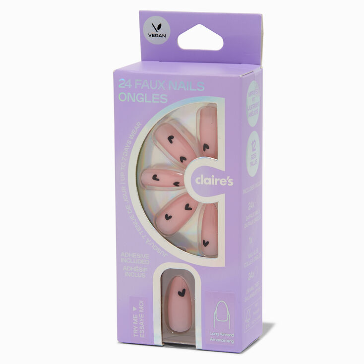 Black Heart Pink Long Almond Vegan Faux Nail Set - 24 Pack,