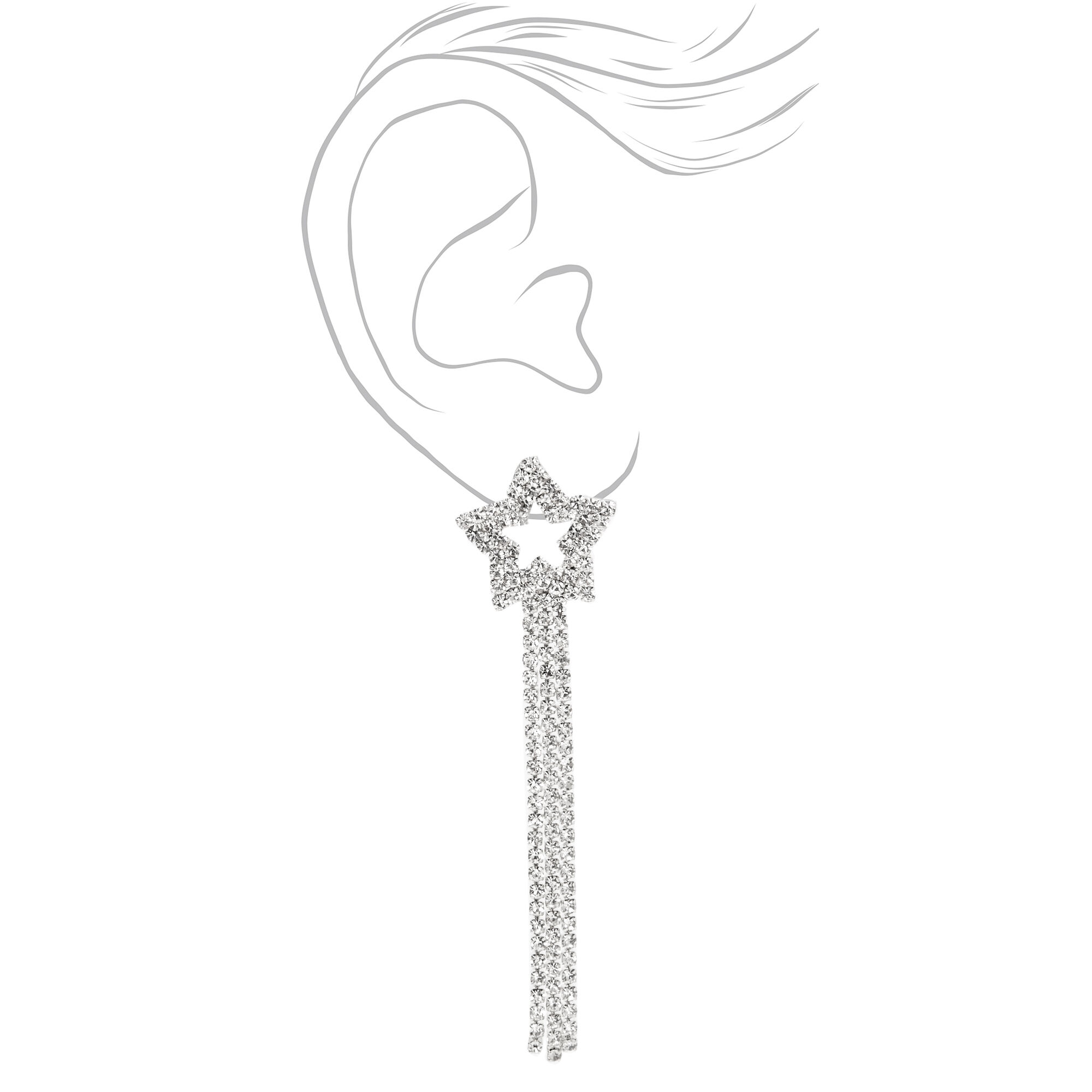 Silver 3" Shooting Star Rhinestone Drop Earrings,