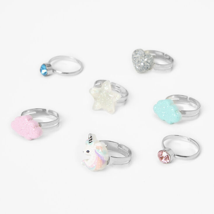 Claire&#39;s Club Glitter Unicorn Silver Rings - 7 Pack,