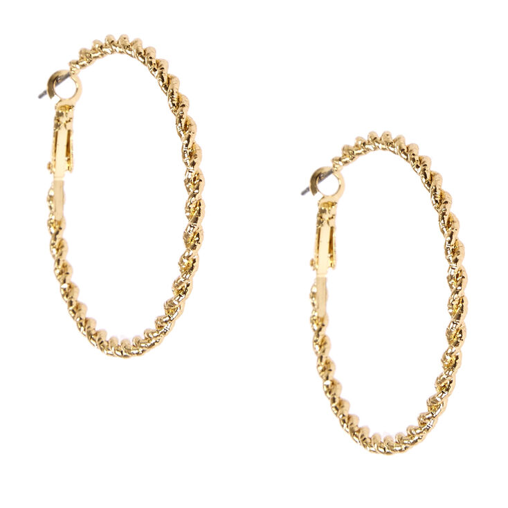 40mm Gold Tone Rope Textured Hoop Earrings Claire S Us 40mm Gold Tone Rope Textured Hoop Earrings