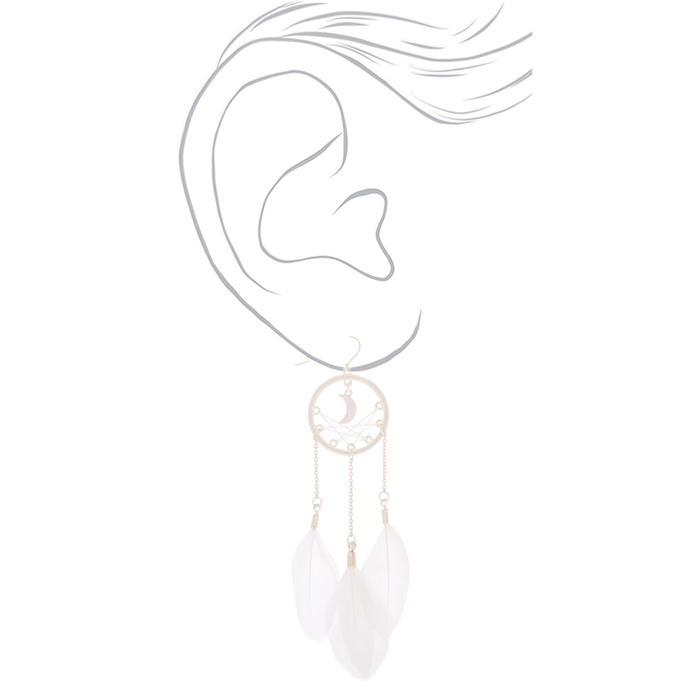 Silver Dreamcatcher Feather Drop Earrings - White,
