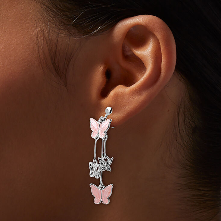 Pink Butterfly Silver-tone Clip-On Drop Earrings,