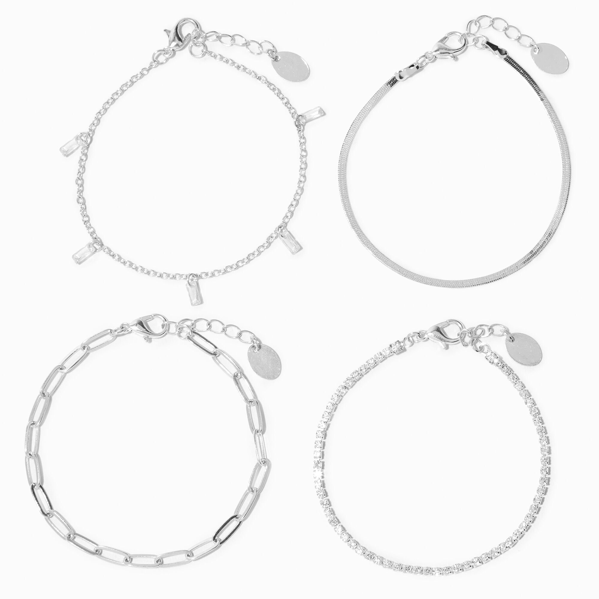 View Claires Tone Cubic Zirconia Woven Chain Bracelets 4 Pack Silver information