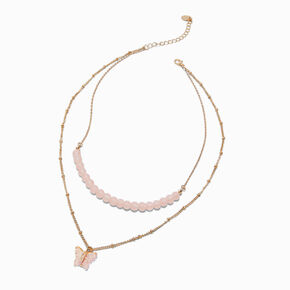 Gold-tone Pink Butterfly &amp; Beaded Multi Strand Necklace,