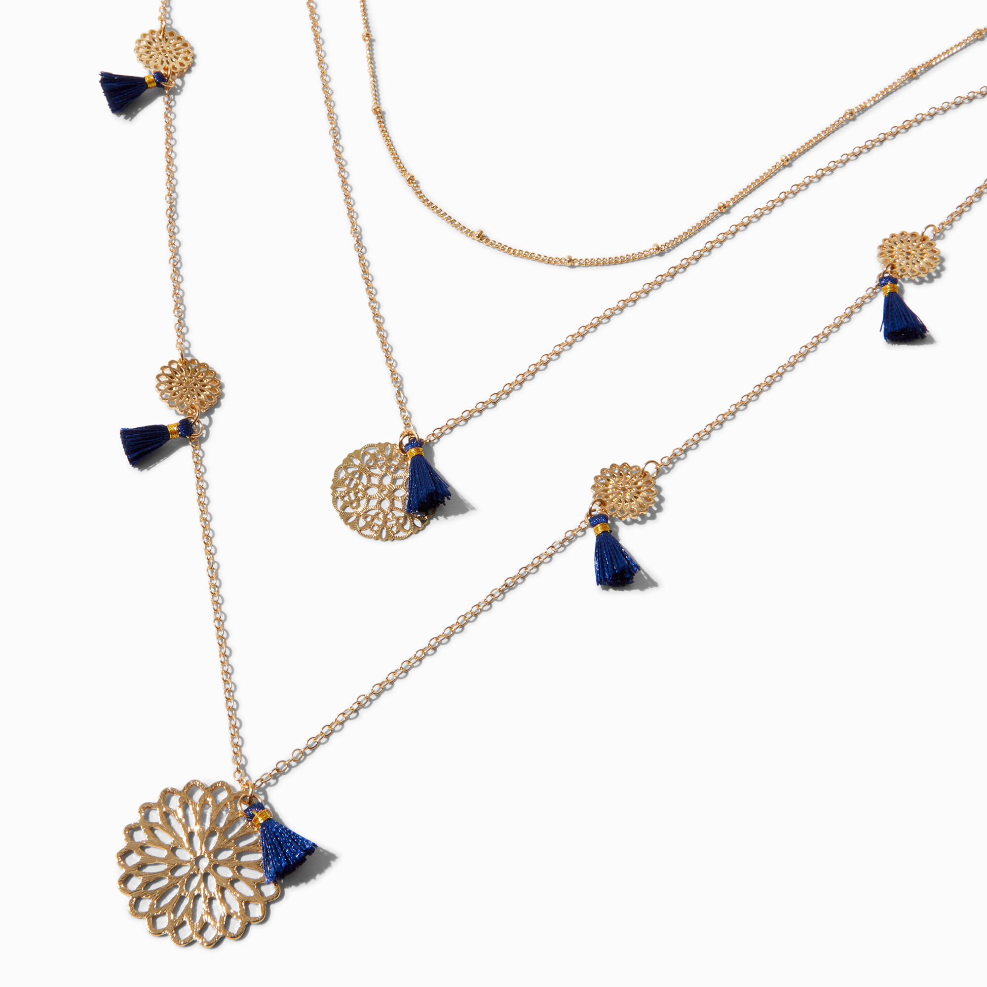 View Claires GoldTone Filigree Disc Tassel MultiStrand Necklace Blue information