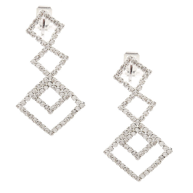 Silver 2&quot; Geometric Crystal Clip On Drop Earrings,