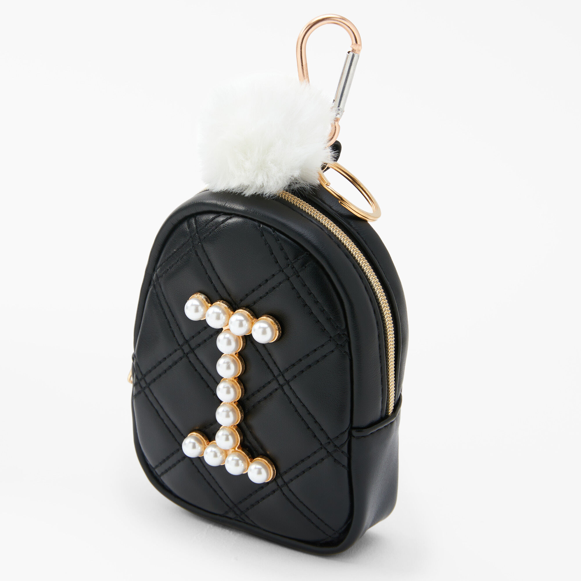 Claire's Porte-clés mini sac à dos perles d'imitation à initiale - Noir, I