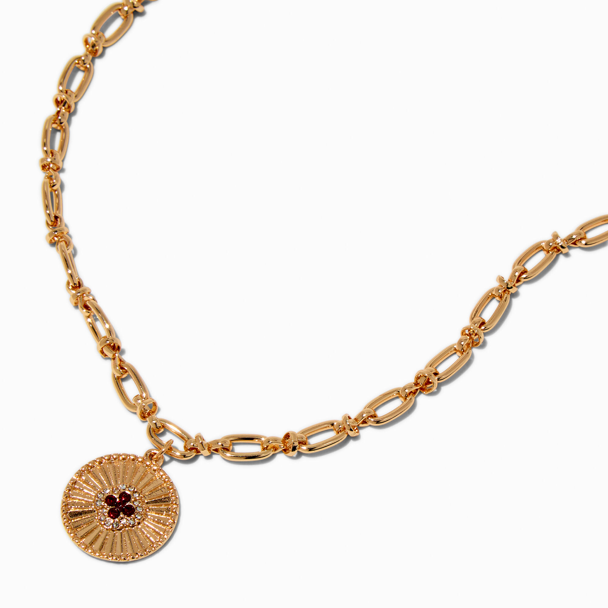 Gold-tone Medallion & Burgundy Stone Chainlink Pendant Necklace,