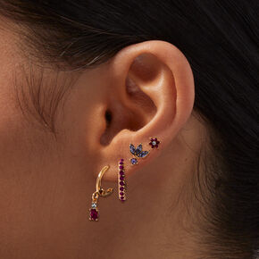 Boucles d&rsquo;oreilles superposables couleur dor&eacute;e et strass roses et violets - Lot de 6,