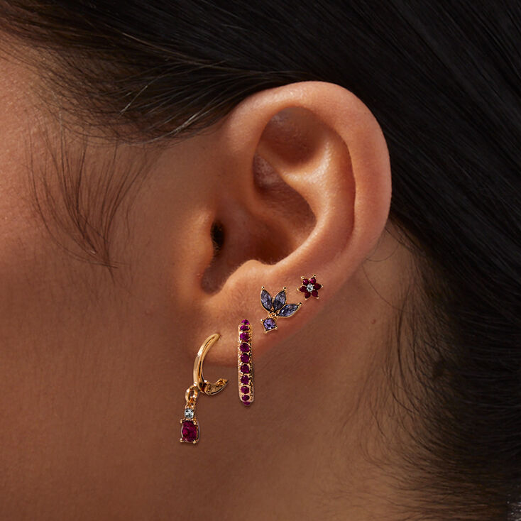 Pink &amp; Purple Crystal &amp; Gold-tone Earring Stackables Set - 6 Pack,