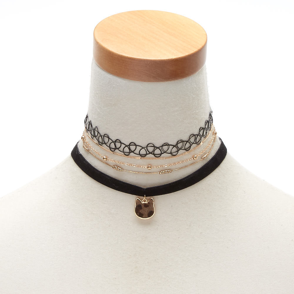 Gold Leopard Cat Choker Necklaces 4 Pack