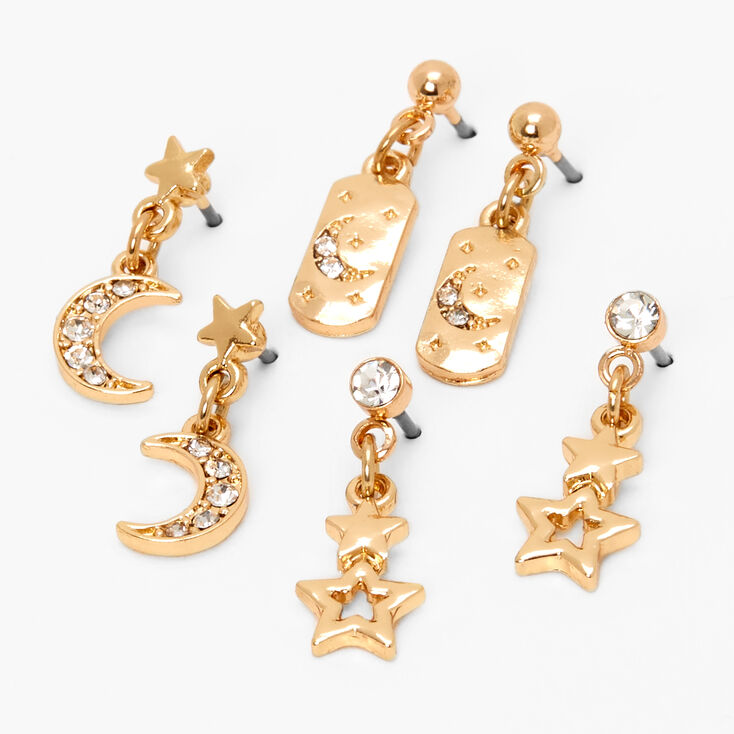 Gold Dangly Celestial Stud Earrings - 3 Pack | Claire's US