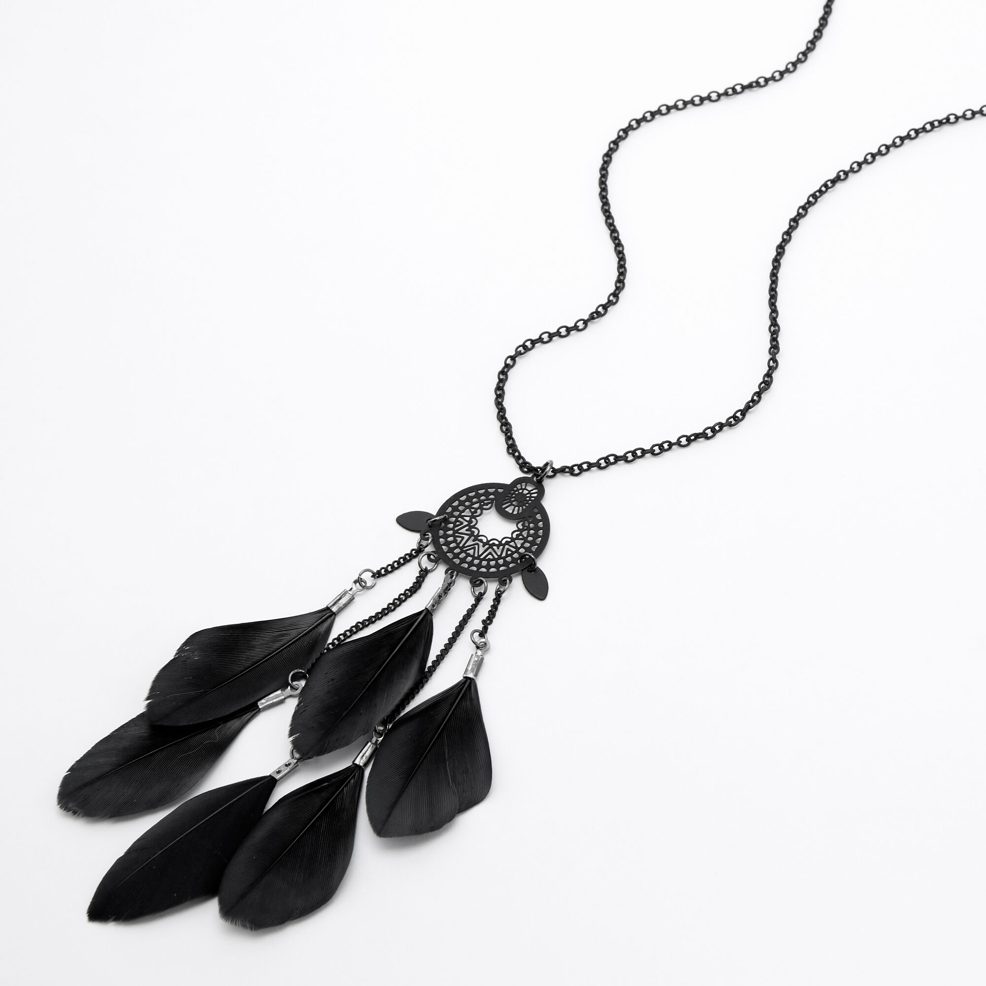 Medallion Feather Long Pendant Necklace - Black,