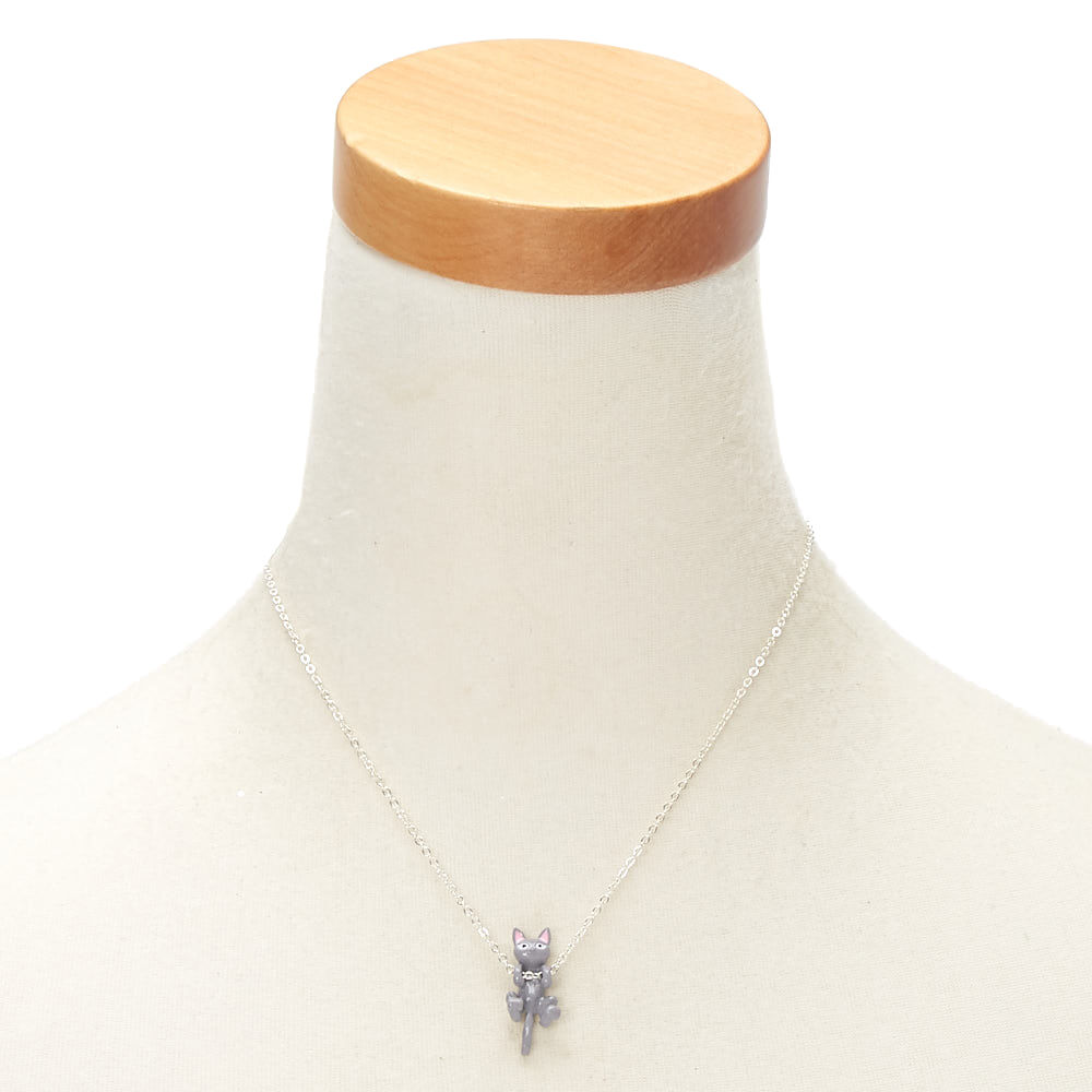 Hanging Cat Pendant Necklace - Grey,