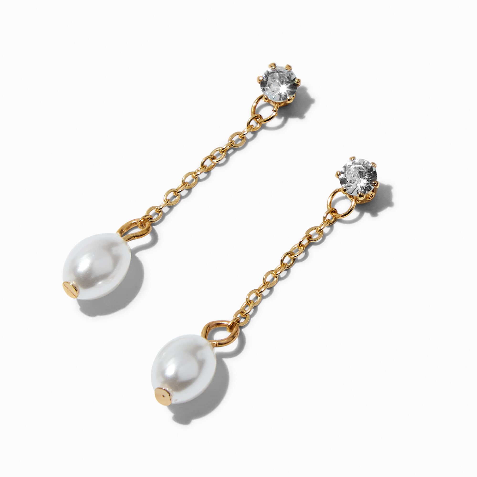 Pendantes linéaires 4 cm avec zircon cubique d'imitation et perles d'imitation couleur dorée,