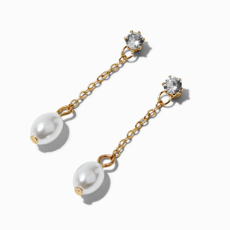 Gold-tone Pearl &amp; Cubic Zirconia 1.5&quot; Liner Drop Earrings,