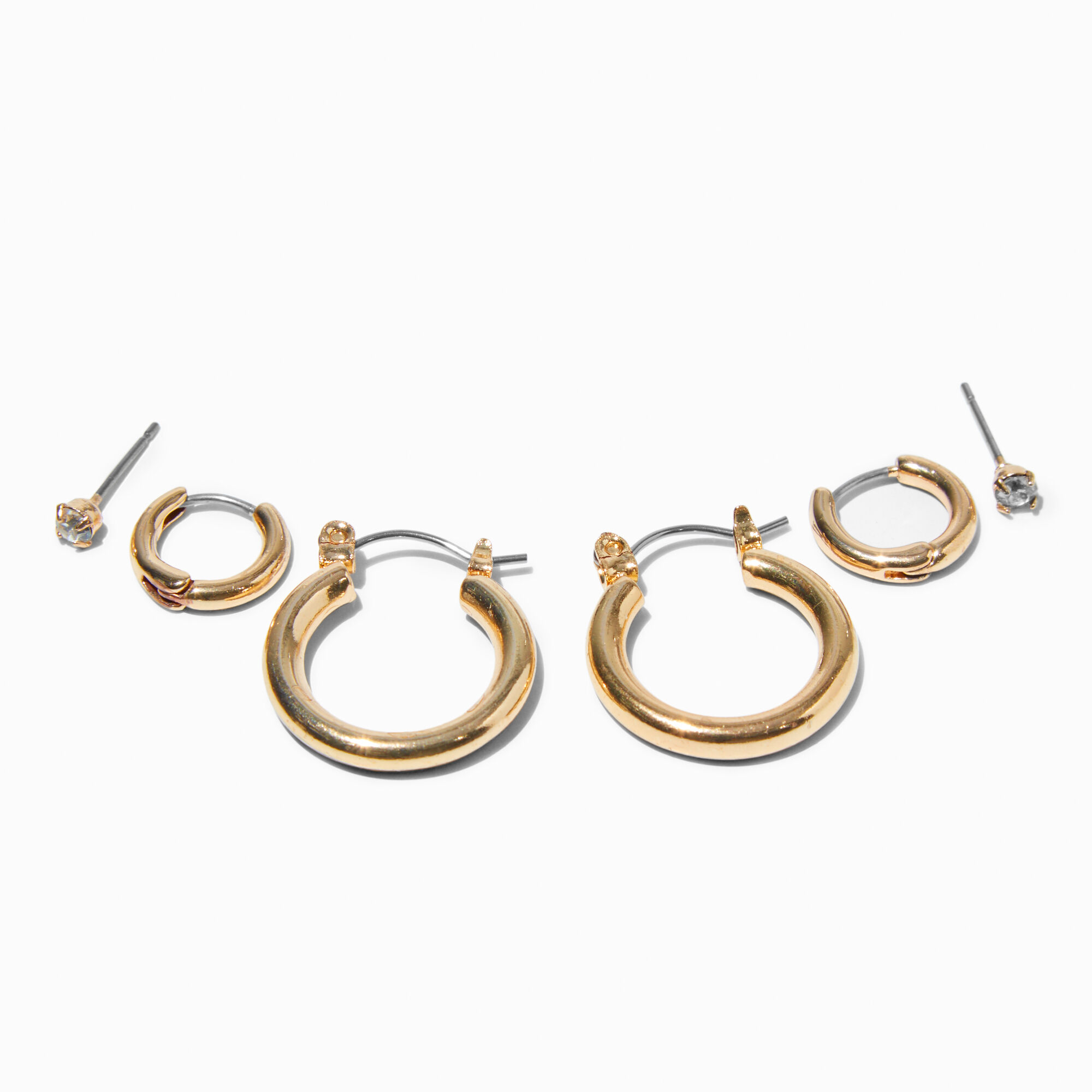 View Claires Tone Tube Hoop Earrings Stack 3 Pack Gold information