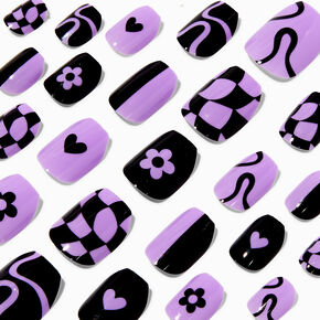 Black &amp; Purple Checkered Coffin Press On Vegan Faux Nail Set - 24 Pack,