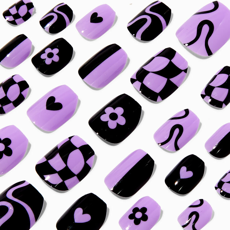 Black &amp; Purple Checkered Coffin Press On Vegan Faux Nail Set - 24 Pack,