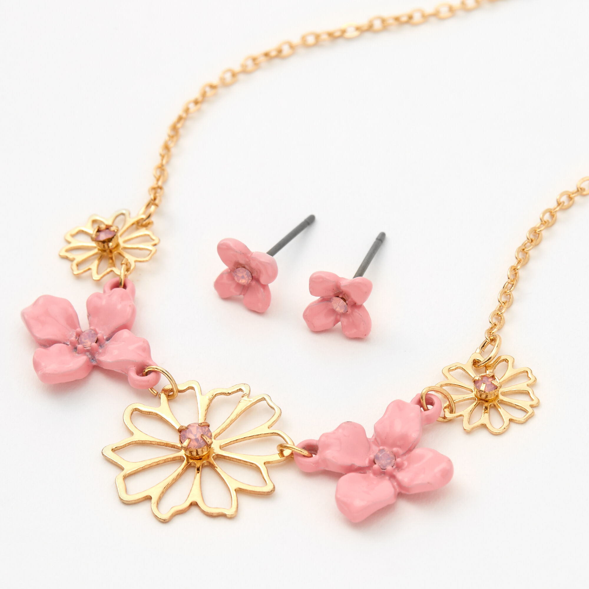 Lot de bijoux à fleurs couleur dorée et roses - Lot de 2,