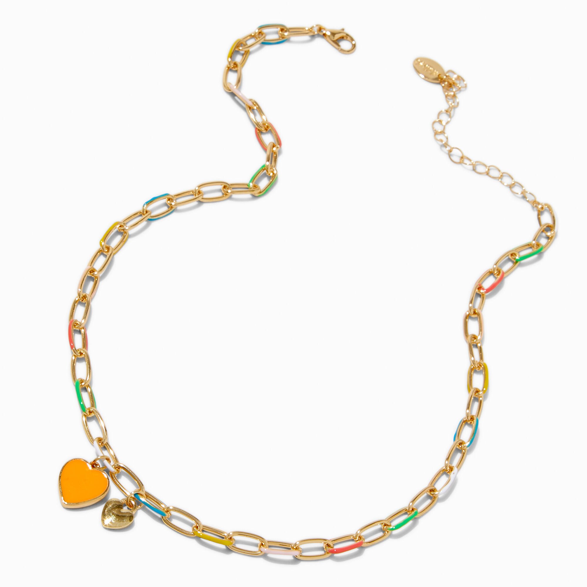 Orange Heart Rainbow Chain Link Pendant Necklace,