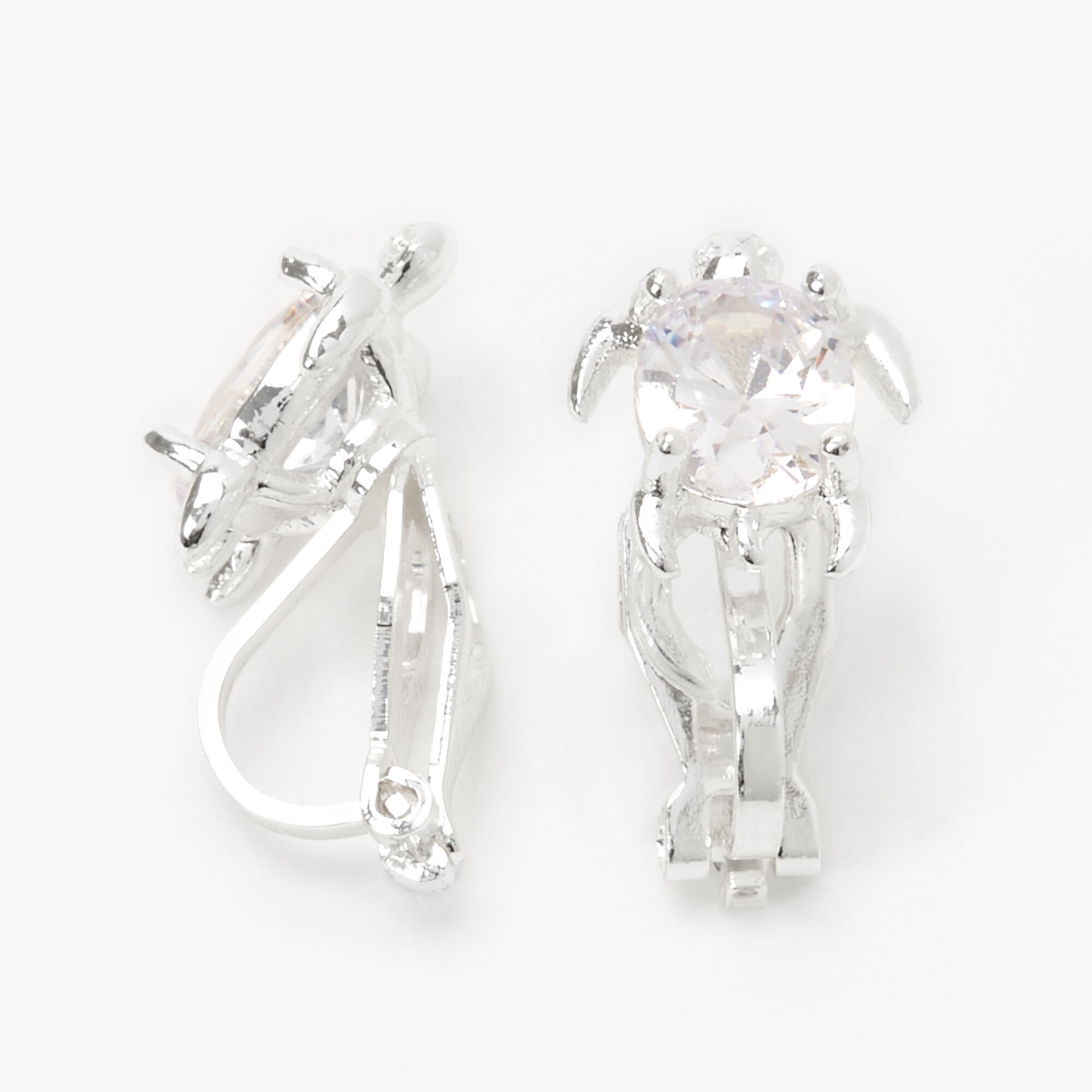 Silver Cubic Zirconia Turtle Clip On Stud Earrings,