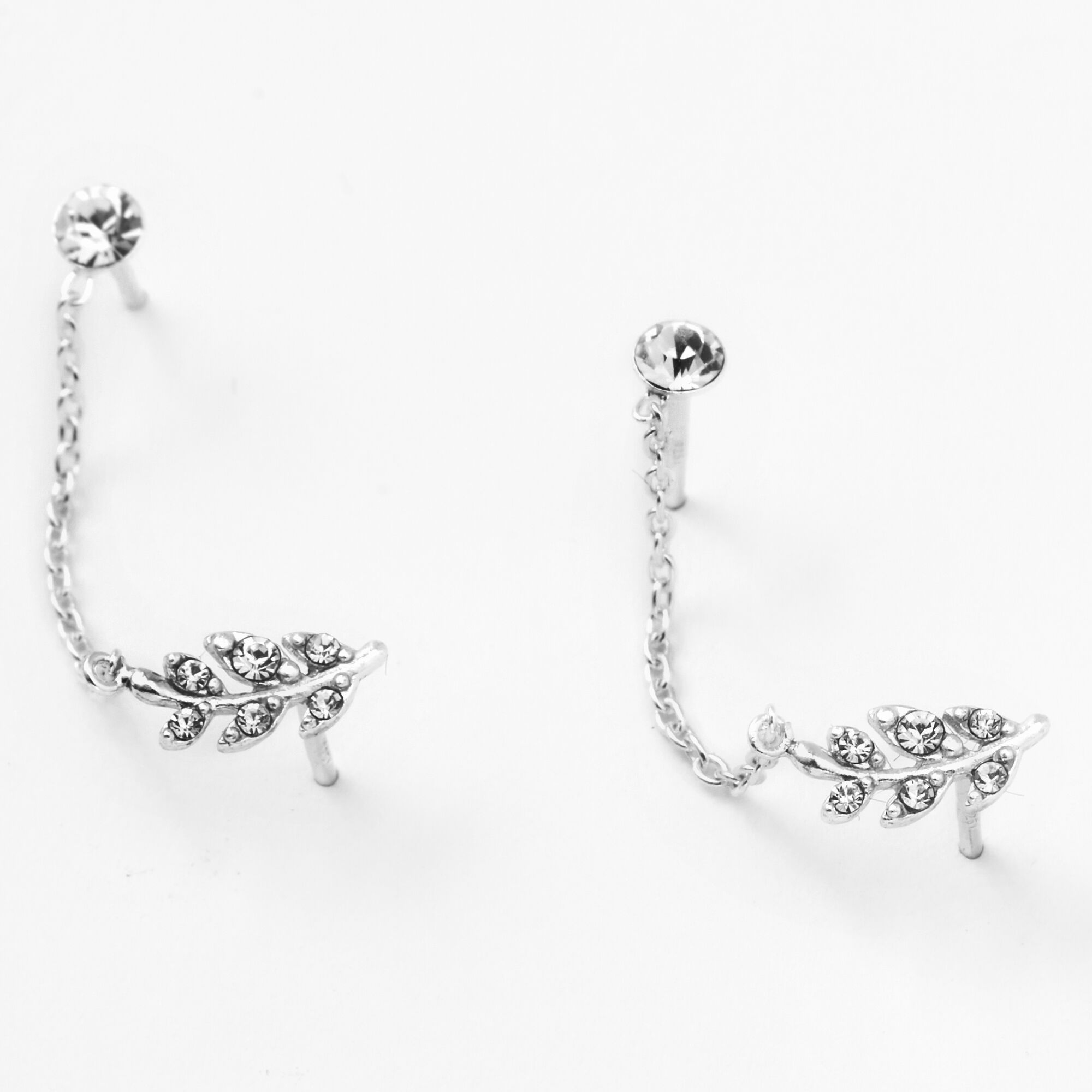 View Claires Crystal Leaves Connector Chain Stud Earrings Silver information