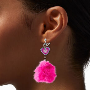 Radiating Heart Pom Pom Clip-On Drop Earrings,
