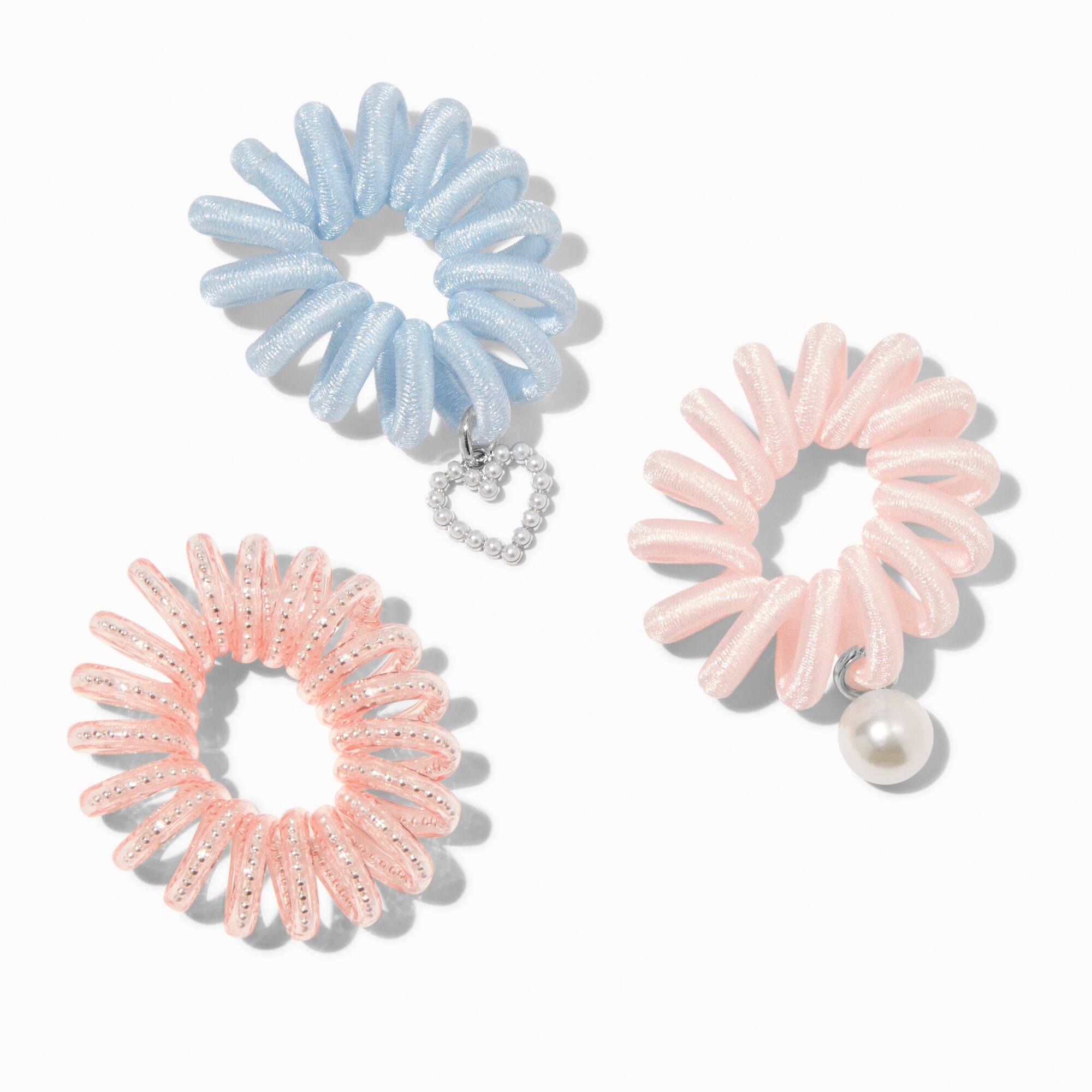 Pink & Blue Shimmer Charm Spiral Hair Ties - 3 Pack,