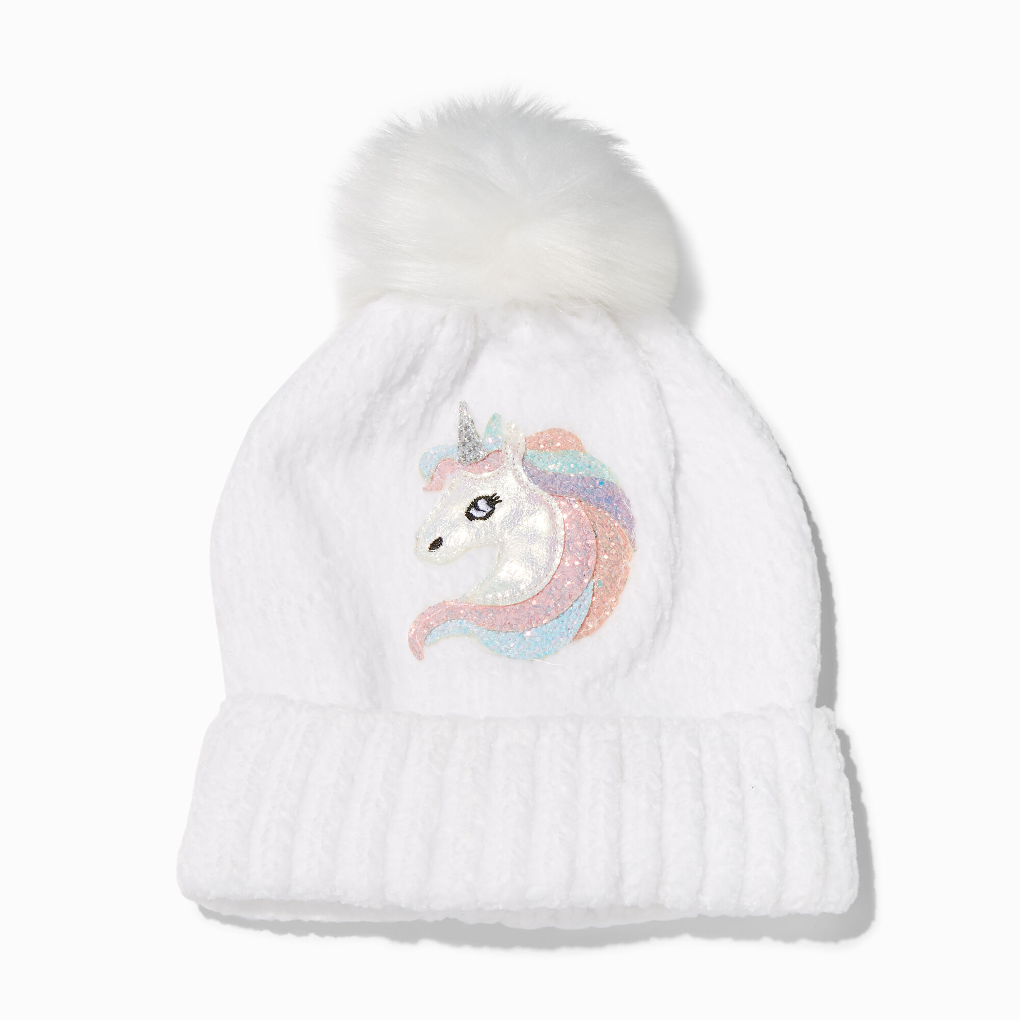 Claire's Club Unicorn White Ribbed Beanie Hat,
