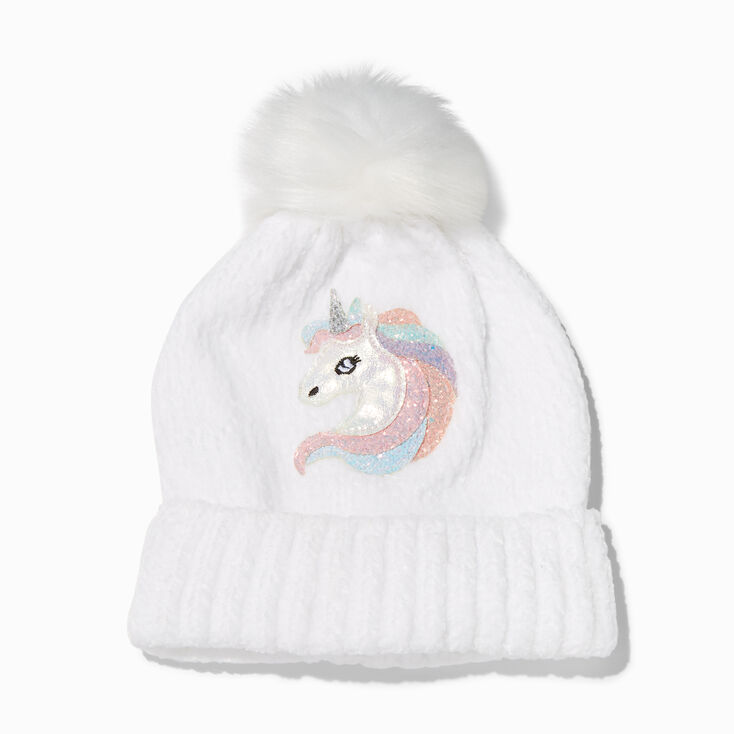Claire&#39;s Club Unicorn White Ribbed Beanie Hat,